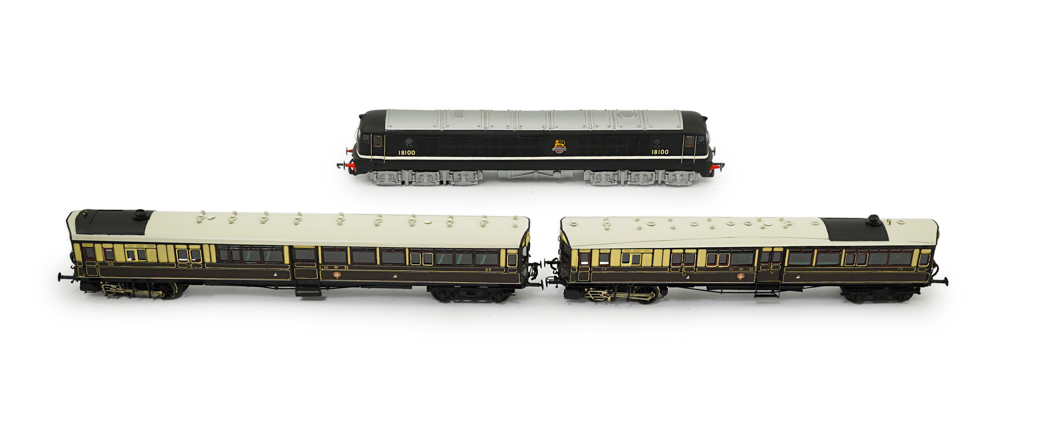 Two 00 gauge plasticard and brass, etc. kit built GWR rail motors; No.74 and No.89, constructed, painted and lined to a high standard, together with a BR turbine electric Co-Co locomotive, 18100, constructed using plasti